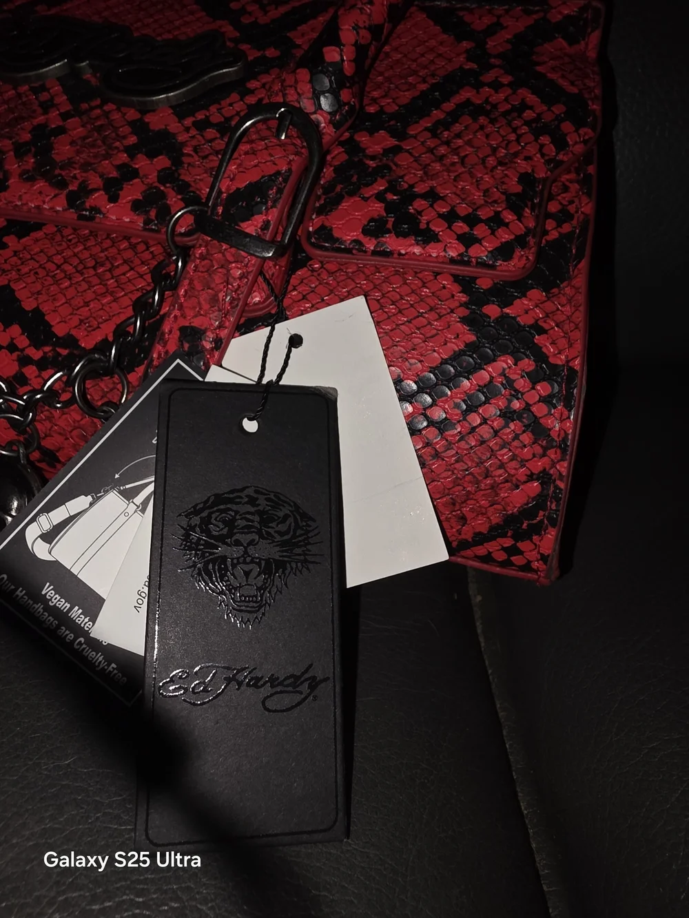 Ed Hardy Red and Black Snake-Print Satchel with Charm Chain